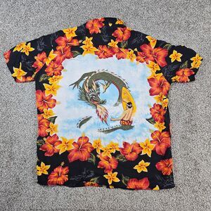 Vintage Red Dragon Shirt Mens Large Hawaiian Flora AOP Y2K Surf Beach Hibiscus
